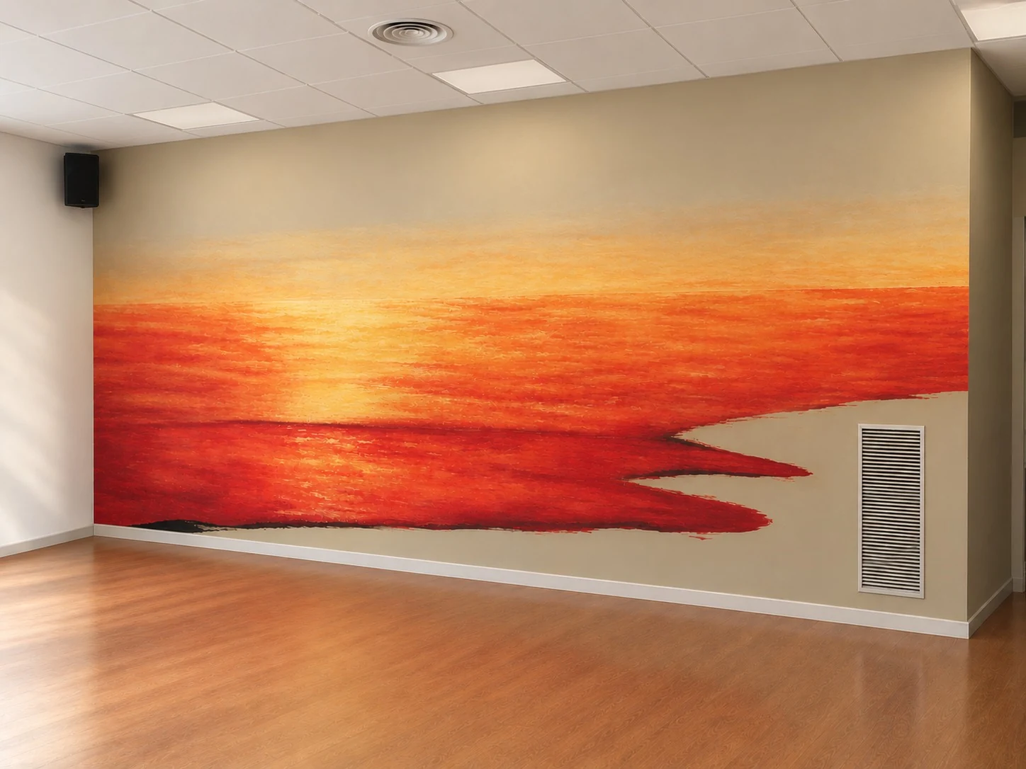 Primera fase d’un mural de posta de sol pintat a mà