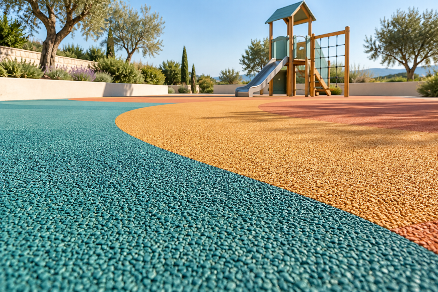Visualización de un pavimento de caucho de colores en una zona infantil vacía