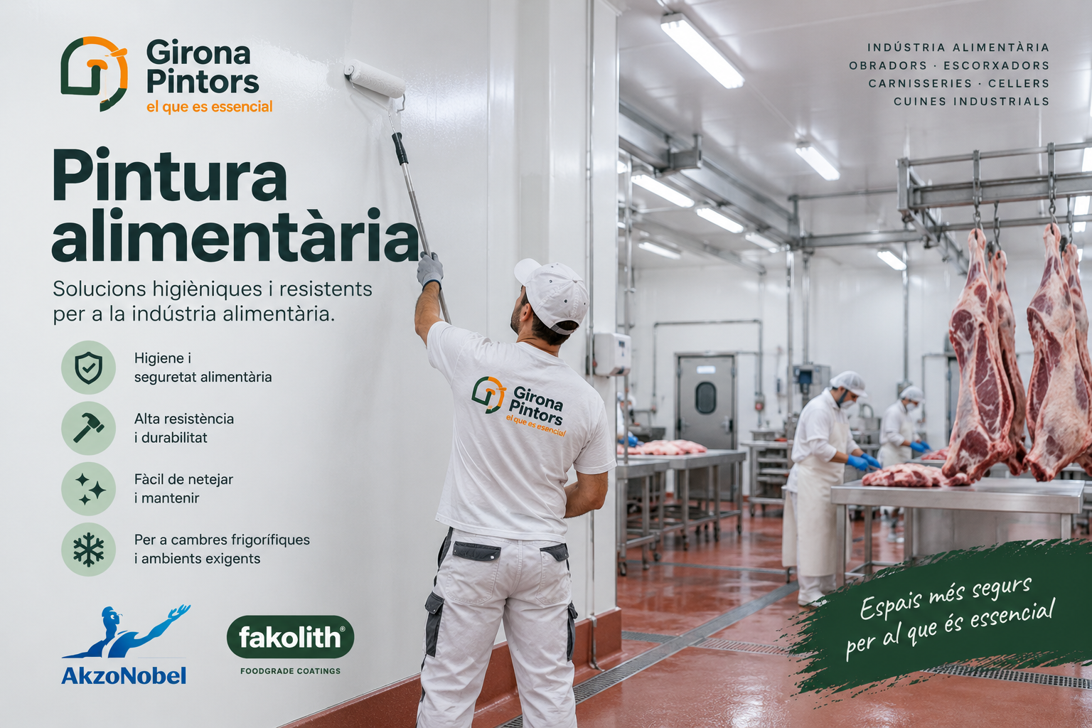 Imatge comercial il·lustrativa d’un treballador pintant una paret en una sala d’especejament, amb textos en català