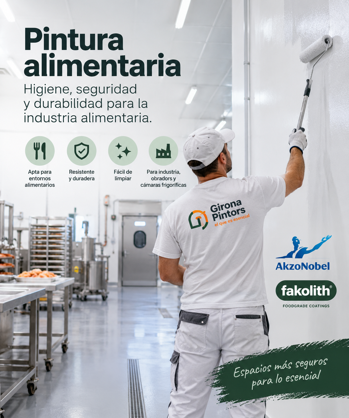 Imagen comercial ilustrativa de un trabajador pintando una pared en una industria alimentaria, con textos en castellano