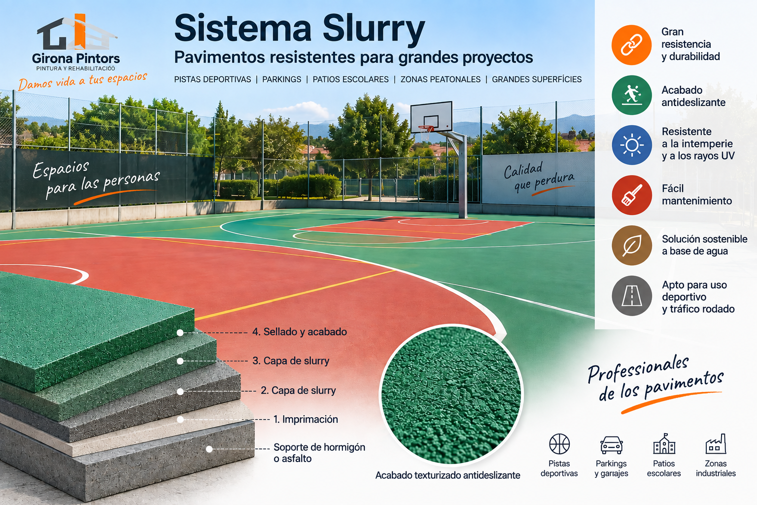 Pavimento Slurry en Girona para pistas deportivas, parkings y grandes superficies
