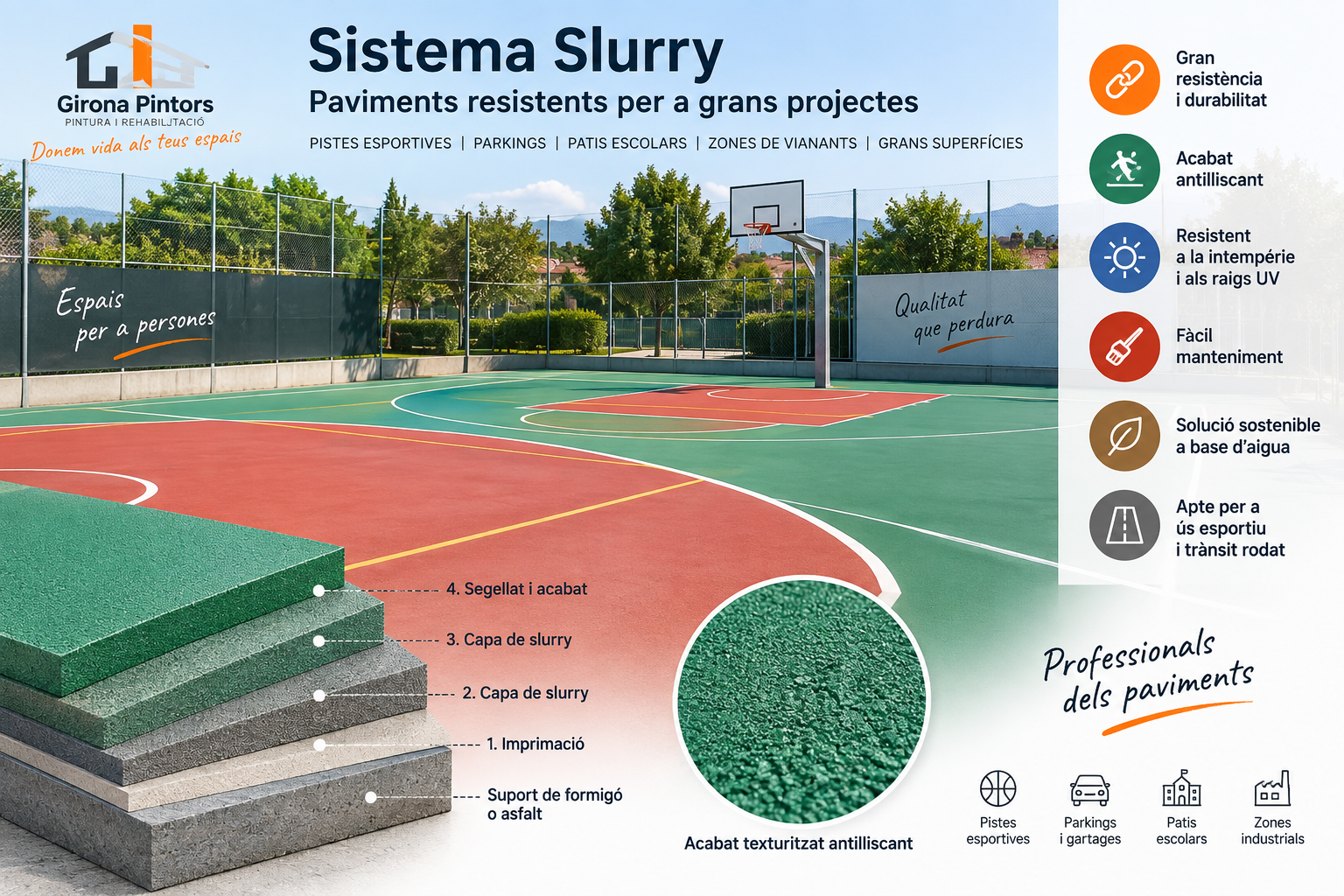 Esquema del sistema slurry de Girona Pintors: imprimación, dos capas de slurry, sellado y acabado texturizado antideslizante sobre soporte de hormigón